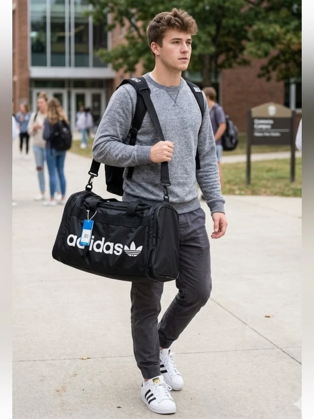 adidas Santiago Large Black Duffel Bag with White Logo 19.5”X11”X11” New